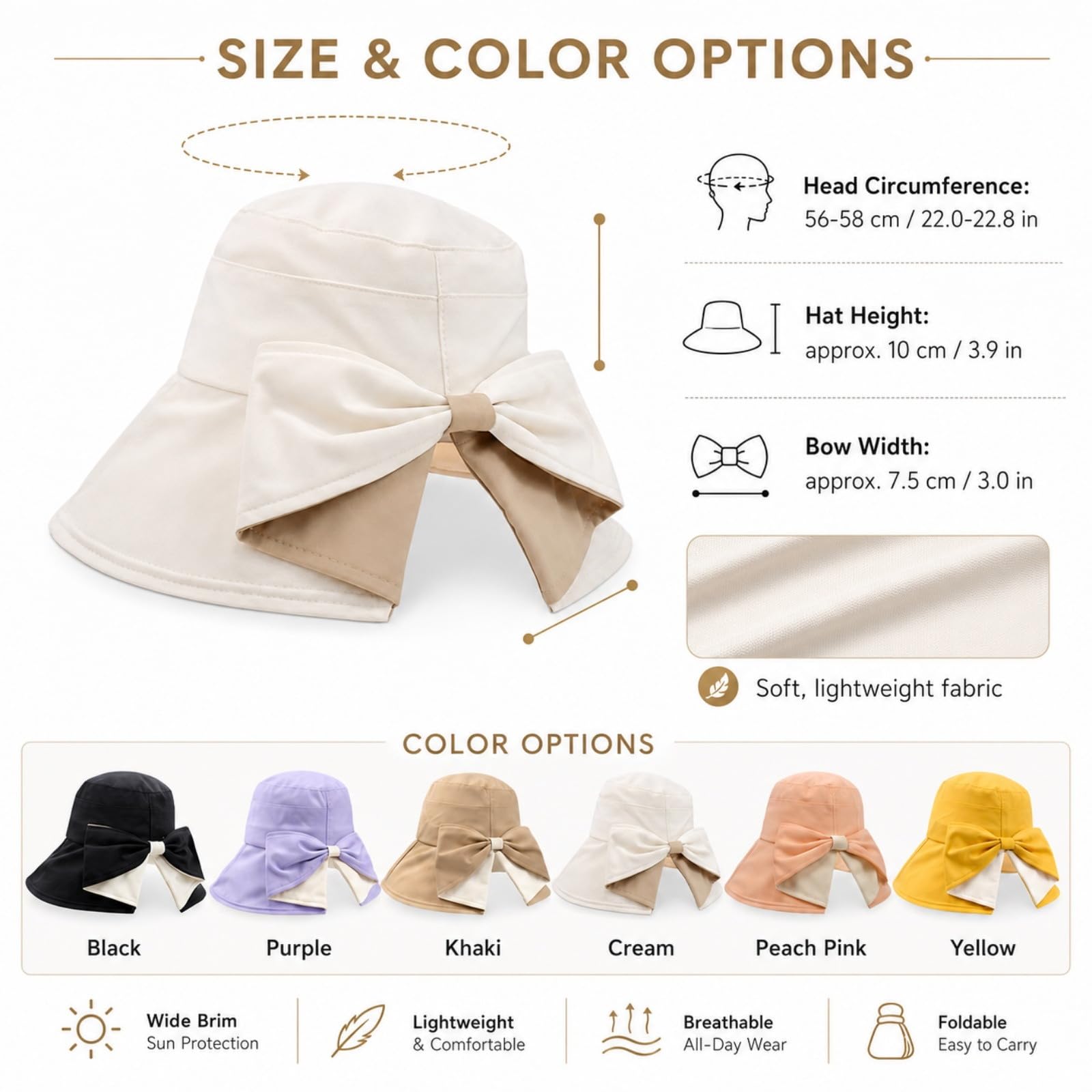 Genérico Women's Bowknot Wide Brim Sun Protective Hat, Sun Hat with Bow, Foldable Summer Hat for Women, Breathable Outdoor Vacation Hats