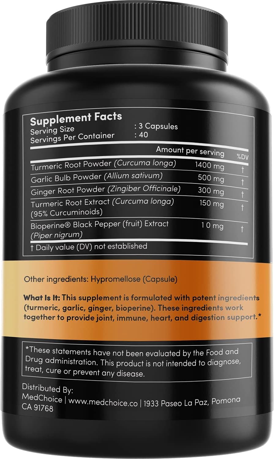 4-in-1 Turmeric Curcumin with Black Pepper 2360mg (120ct) - 95% Curcuminoids, Ginger Root, Bioperine & Garlic Pills - Curcumin Supplements for Joint, Digestion, & Immune Support (Pack of 1)