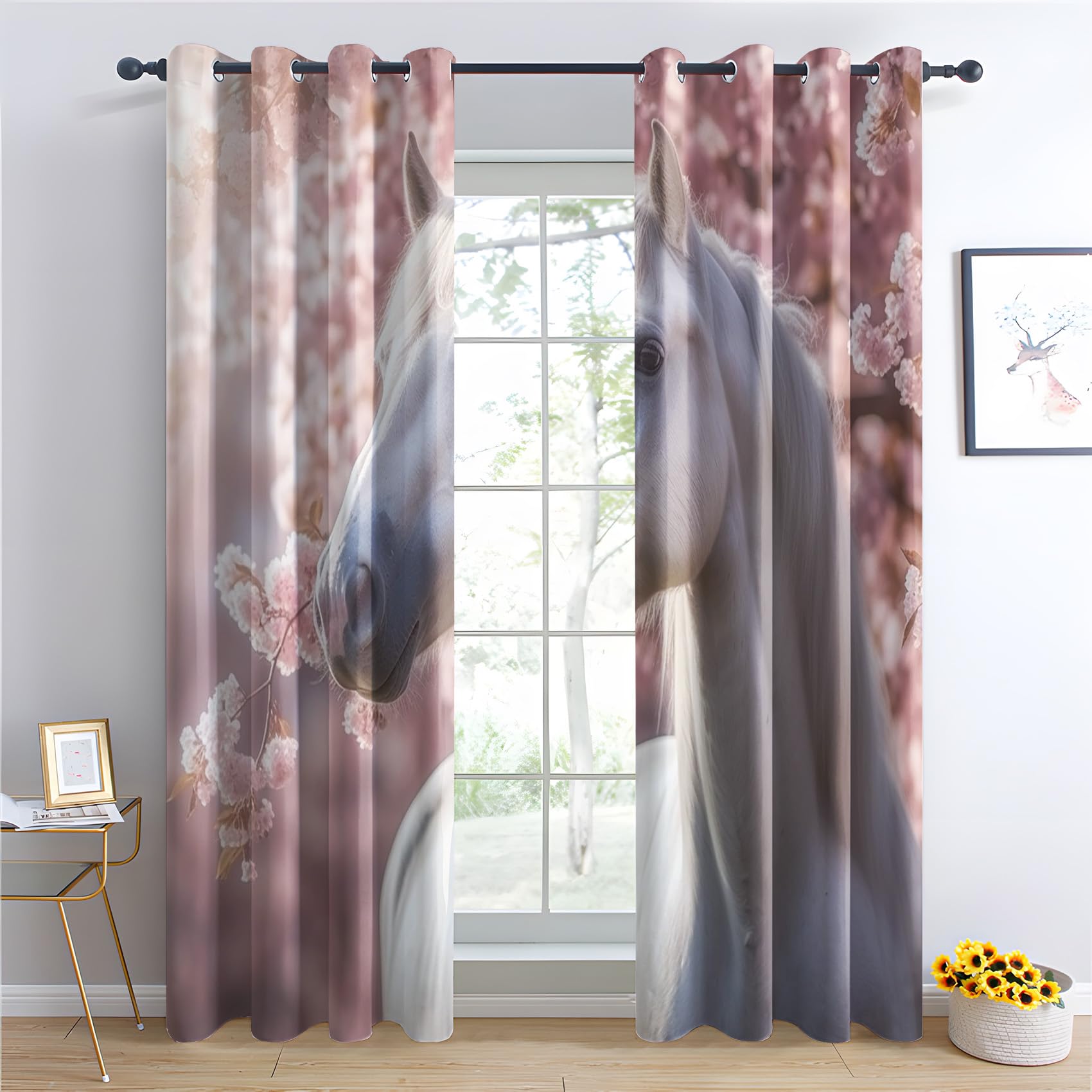 Rideau Occultant Thermiques Cheval - Rideau Chevaux Blanc Fleur Rose, Lot de 2 Rideaux à Oeillets pour Decoration Chambre Salon, Draperies Intérieurs Fenetre, 117x137 cm (LxH)
