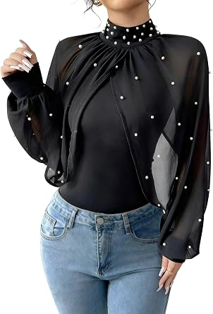Womens Mock Neck Pearl Embellished Sheer Cape Long Sleeve Crop Blouse Shirt Top