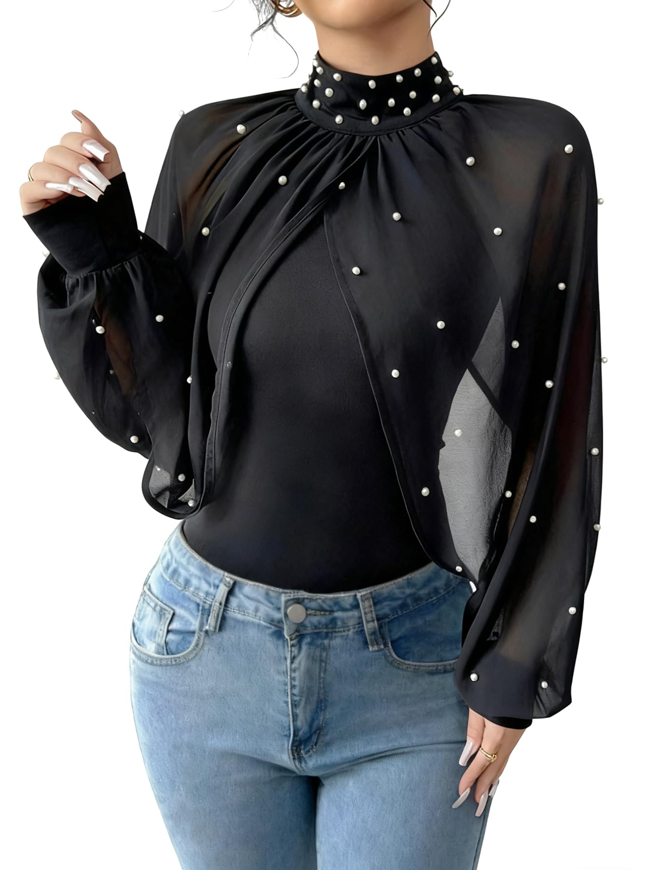 Women's Mock Neck Pearl Embellished Sheer Cape Long Sleeve Crop Blouse Shirt Top