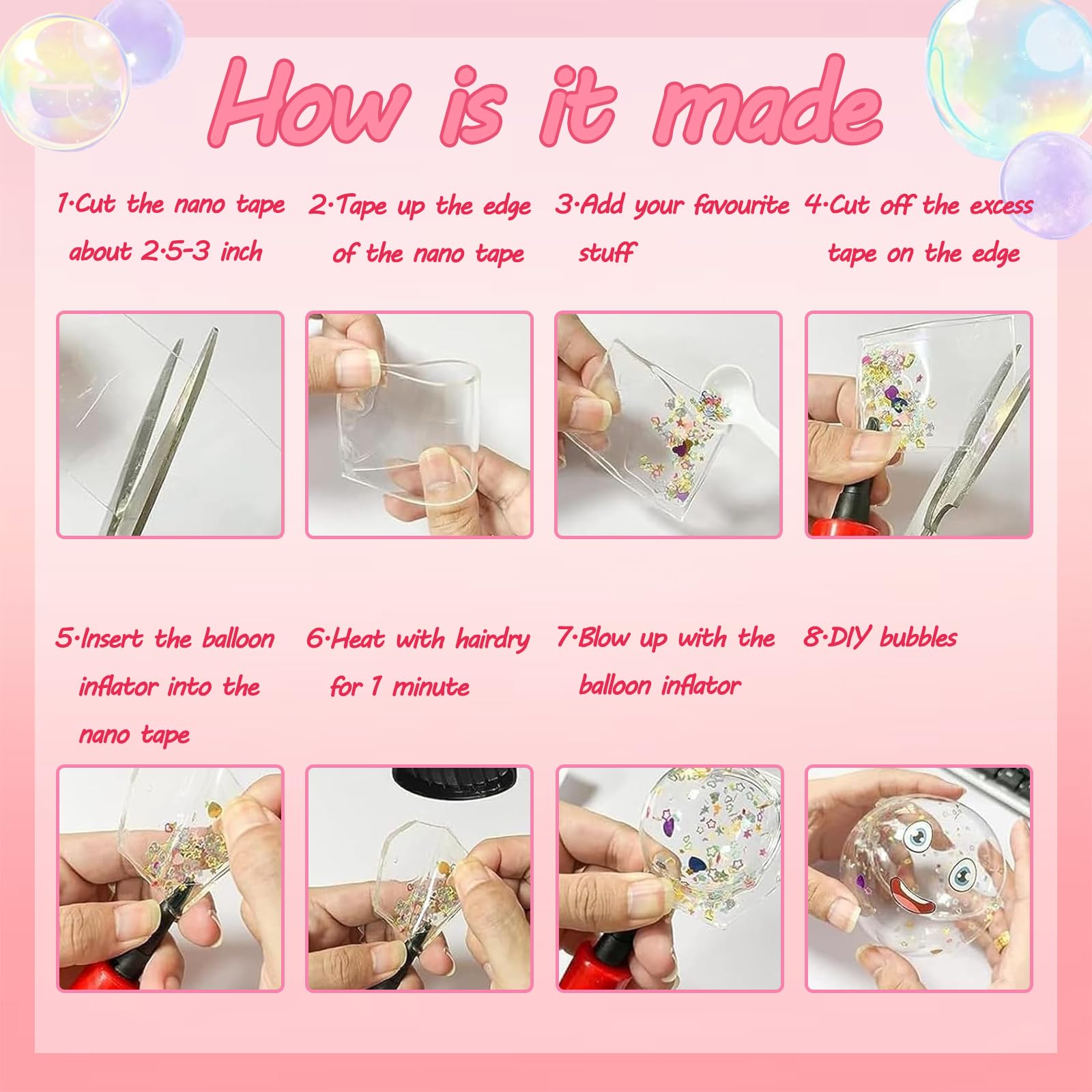 20Pcs Nano Tape Bubbles Kits de Loisir Creatif Enfant,Double Face Transparent, Ruban adhésif Nano pour Faire des Bulles avec Autocollant à Paillettes(Transparente+Rose)
