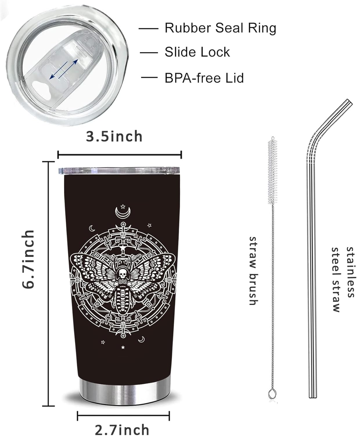 Moth Moon Tumblers with Lids and Straws 20 OZ, Gothic Witchy Stainless Steel Vacuum Insulated Travel Tumbler Cups - Image 2