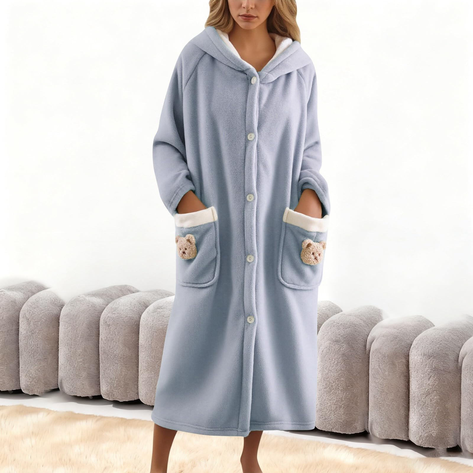 Generisch Camicia da notte da donna, a maniche lunghe, in flanella, soffice, con bottoni, con cappuccio, carino, vestibilità comoda, biancheria da notte media, termica, in morbido pile