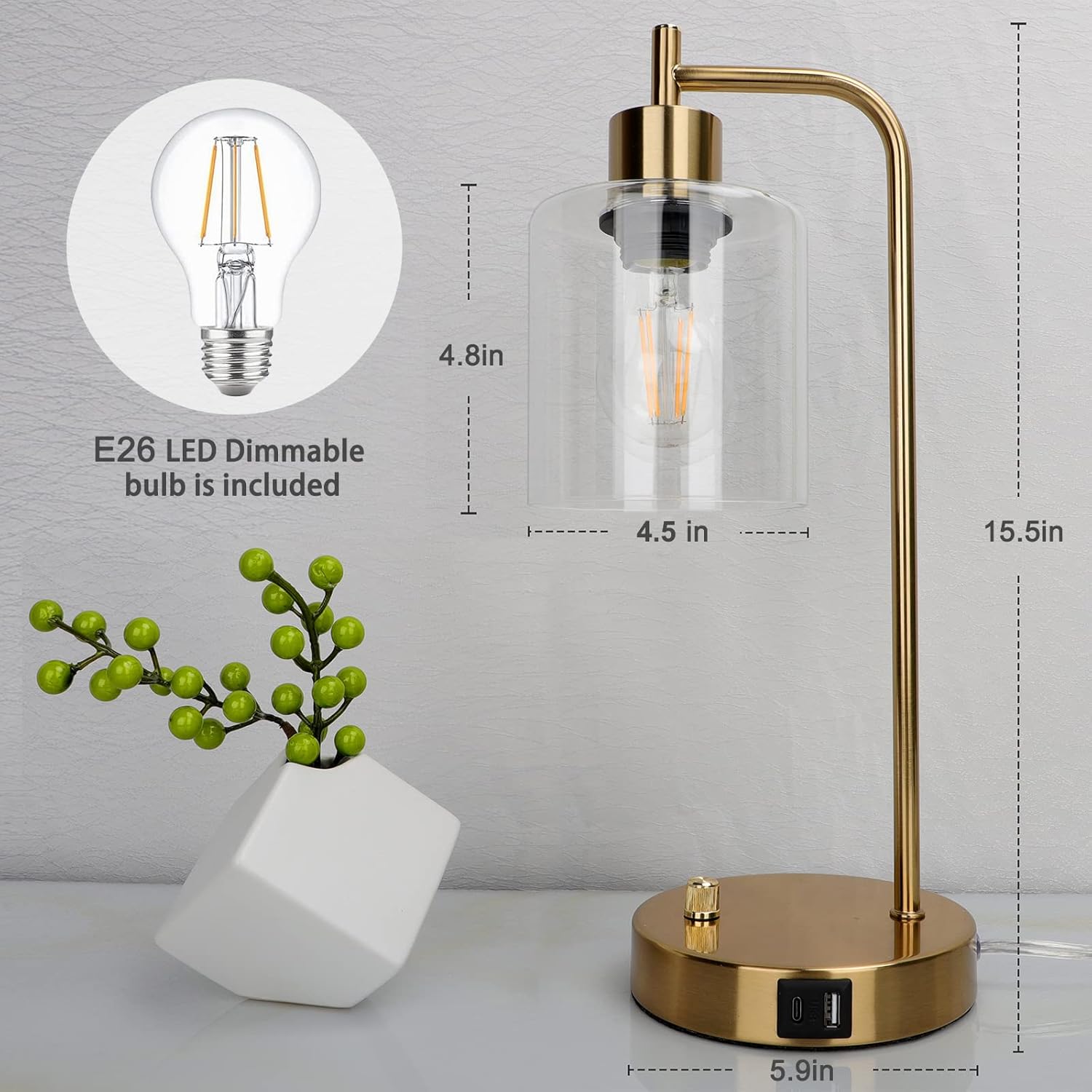 Set of 2 Gold Industrial Table Lamps with 2 USB Ports, Elizabeth Vintage Desk Lamps, 3-Way Dimmable Nightstand Lamps with Glass Shade E26 Bulb for Bedroom Living Room Office, LED Bedside Reading Lamps
