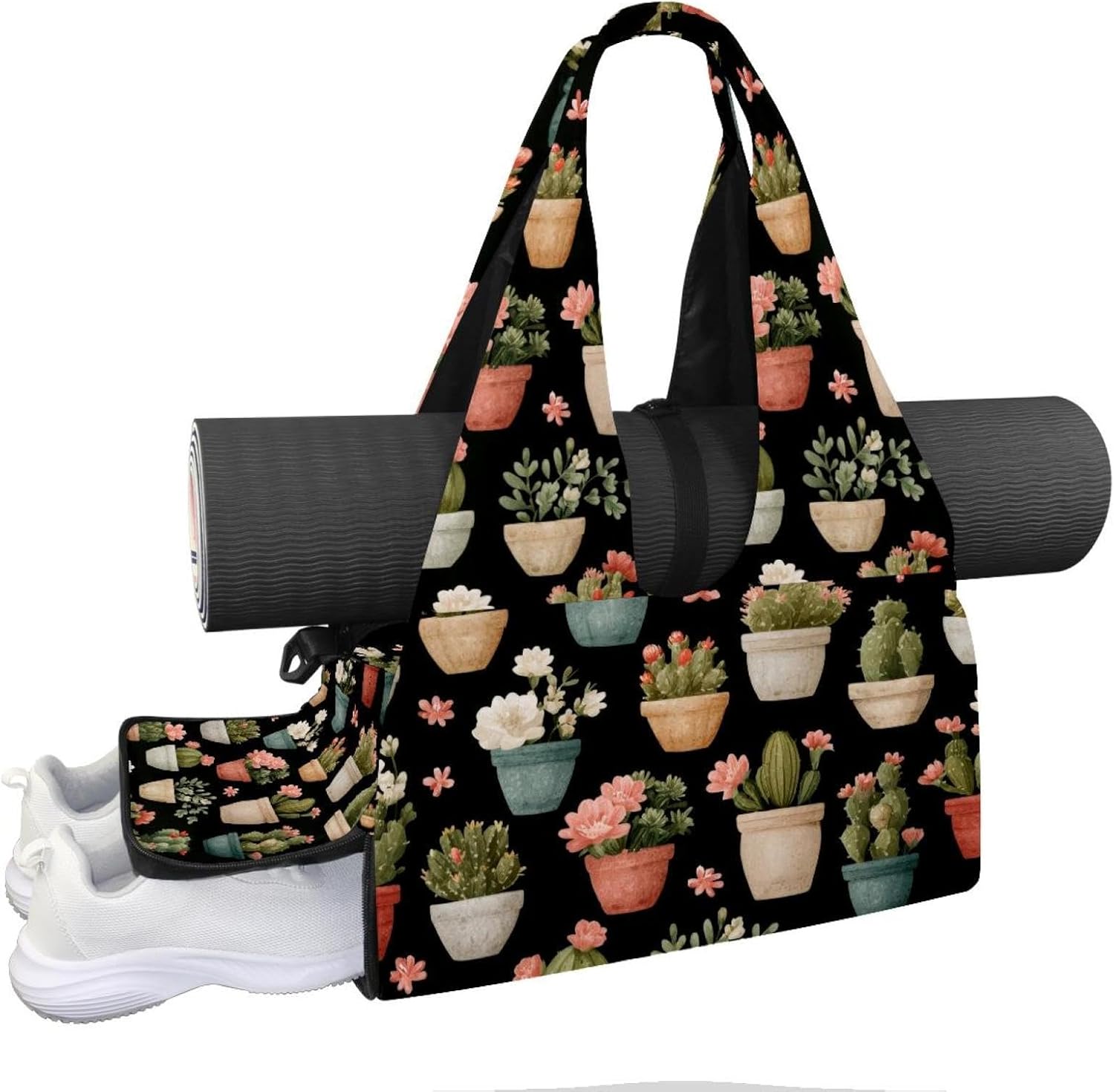 Yoga Mat Bag, Gym Workout Bag with Shoe Compartment, Cactus Florals Pilates Bag for Women, Quick Access Storage Yoga Tote Bag for Sports Travel Office