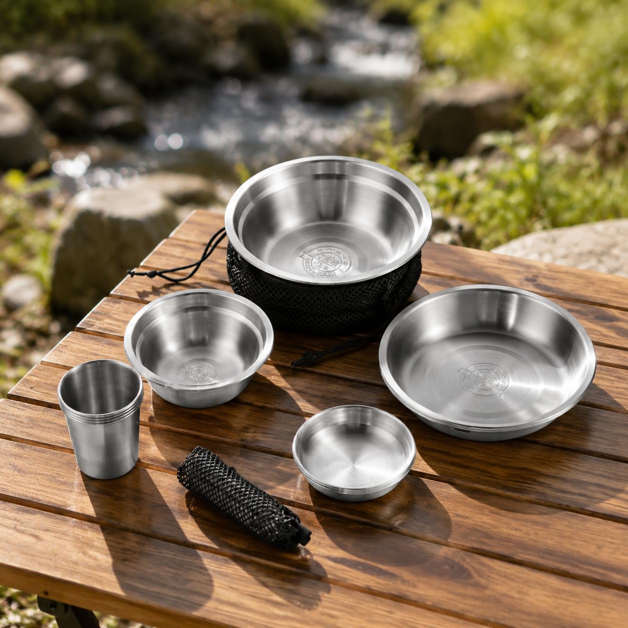 Set Vaisselle Camping Métal, Couvert Pliable and Bols Tasses, Sac Rangement en Mesh, pour Randonnée Pique-Nique