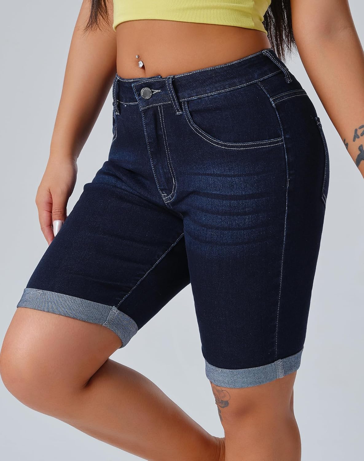roswear Women's Denim Bermuda Shorts Mid Rise Stretchy Rolled Hem Long Jean Shorts