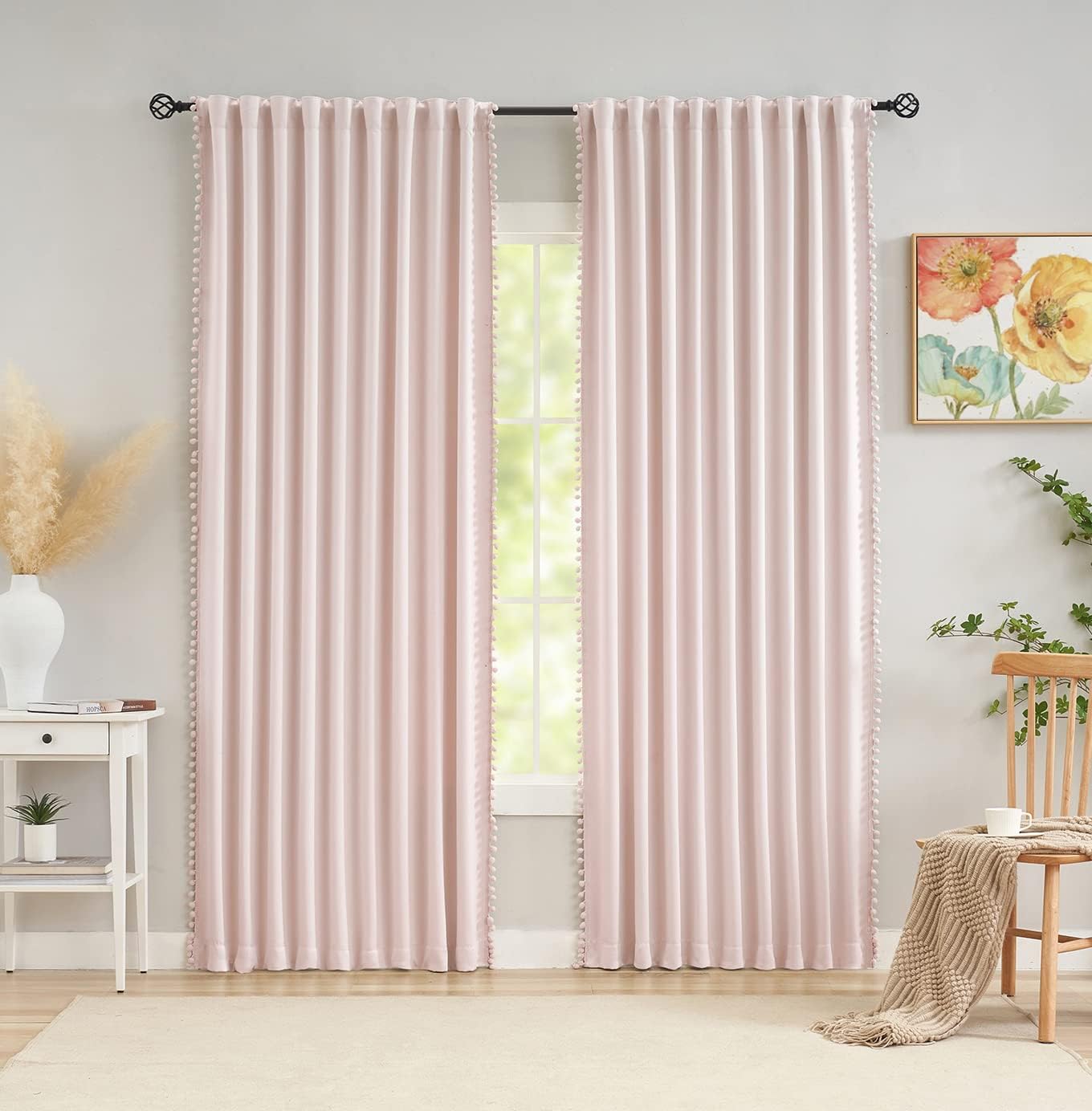 Pom Pom Pink Blackout Curtains for Living Room 90-inch Drop Bedroom Light Blocking Pink Curtains Energy Saving Triple Weave Full Blackout Window Treatment Sets Pencil Pleat - Image 4