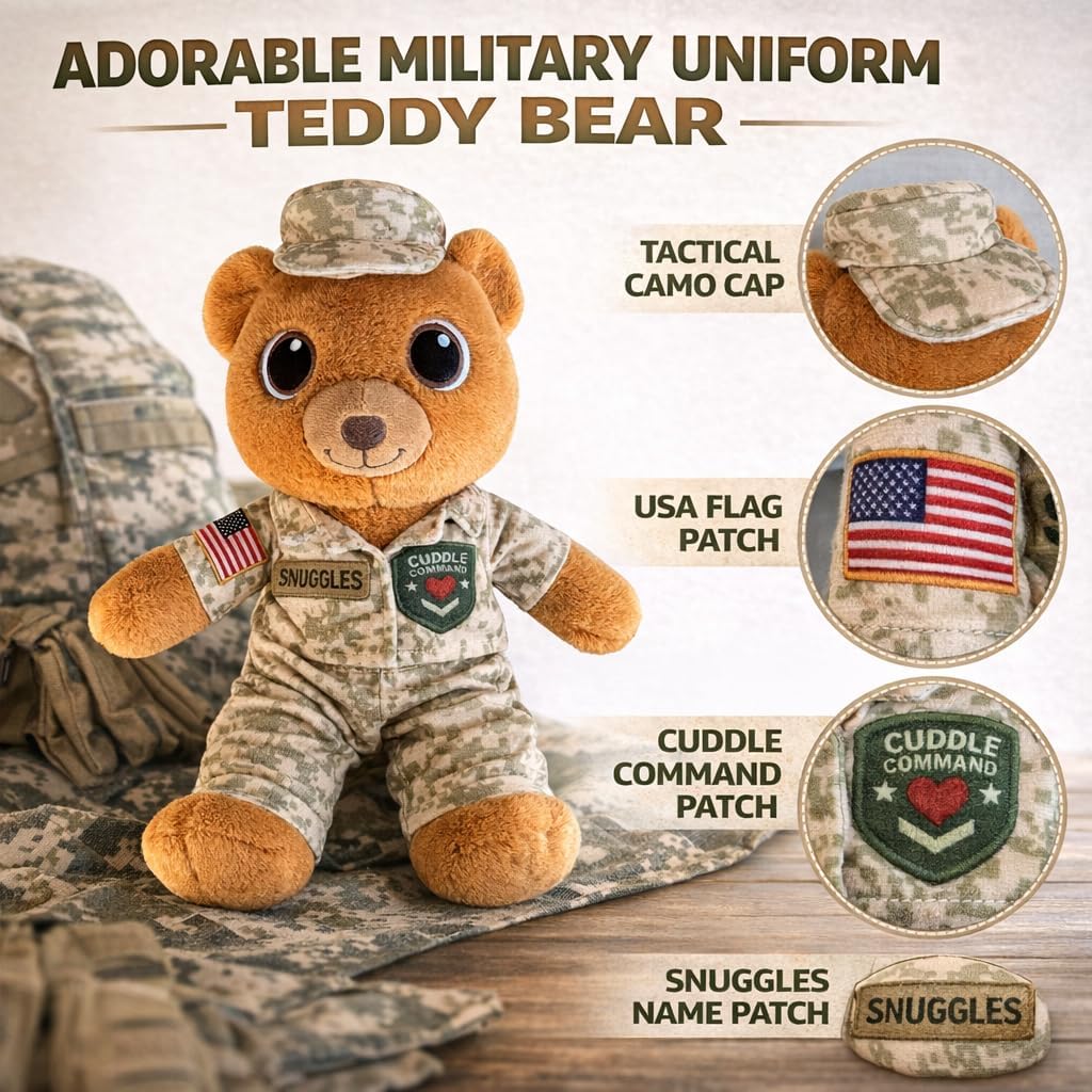 Sergeant Snuggles Military Teddy Bear Plush 10-Inch Soft Camo Stuffed Animal, Comfort Bedtime Toy & Thoughtful Gift for Kids & Military Families