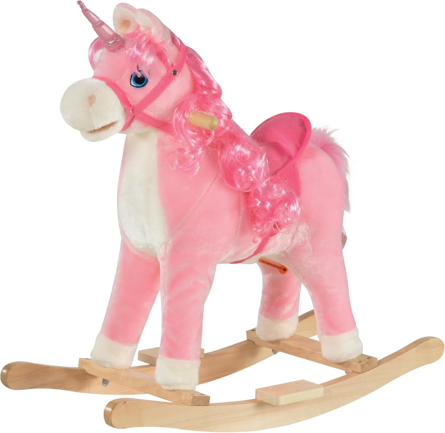 Qaba Rocking Horse, Kids Ride on Horse Unicorn Design with Wooden Base, Tail Wag & Sounds for Toddlers 3-6 Years Old, Pink