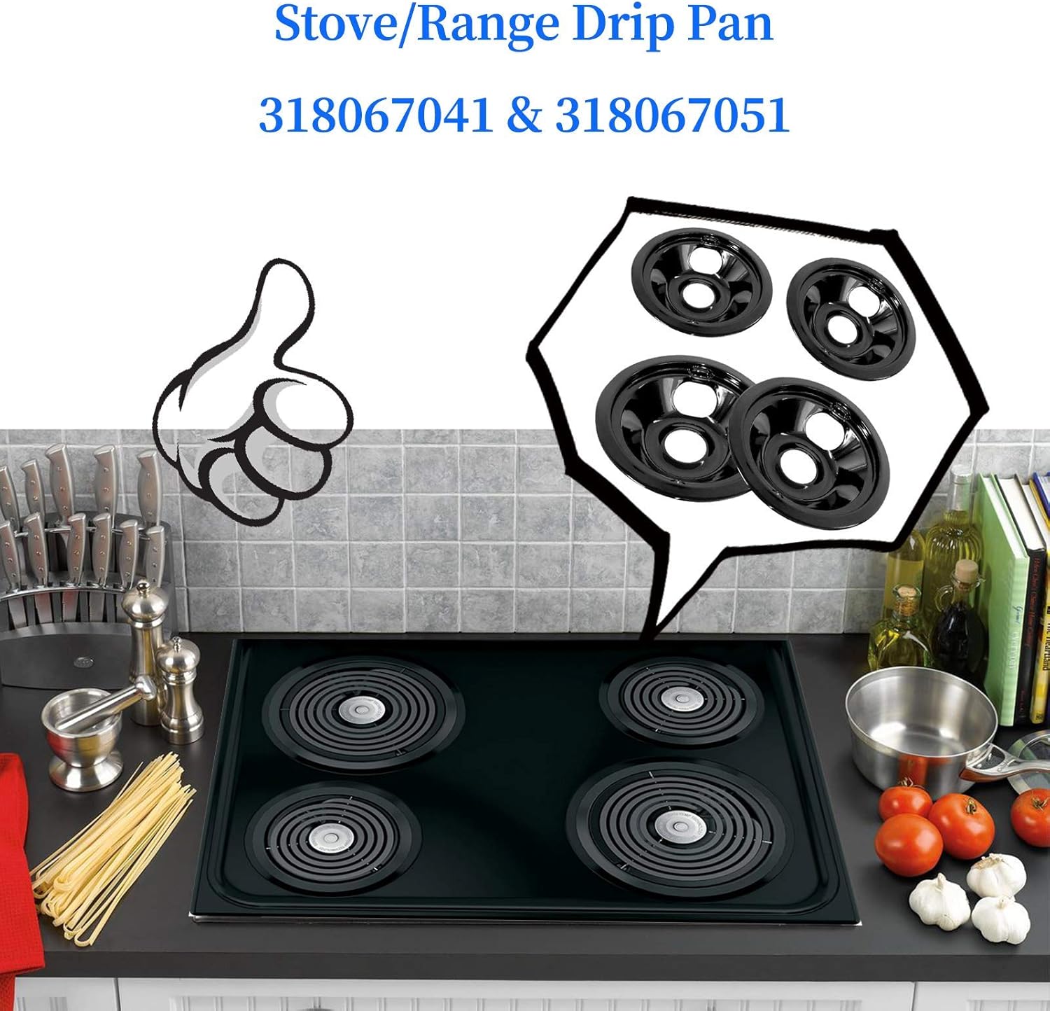 APPLIANCEMATES Black Porcelain Drip Pans Set 4-Pack 318067041 & 318067051 Replacement for Frigidaire/Electric Range Stove Burner 5304430149, 5304430150 Includes 2 Large 2 Small (6 Inch and 8 Inch) : Appliances