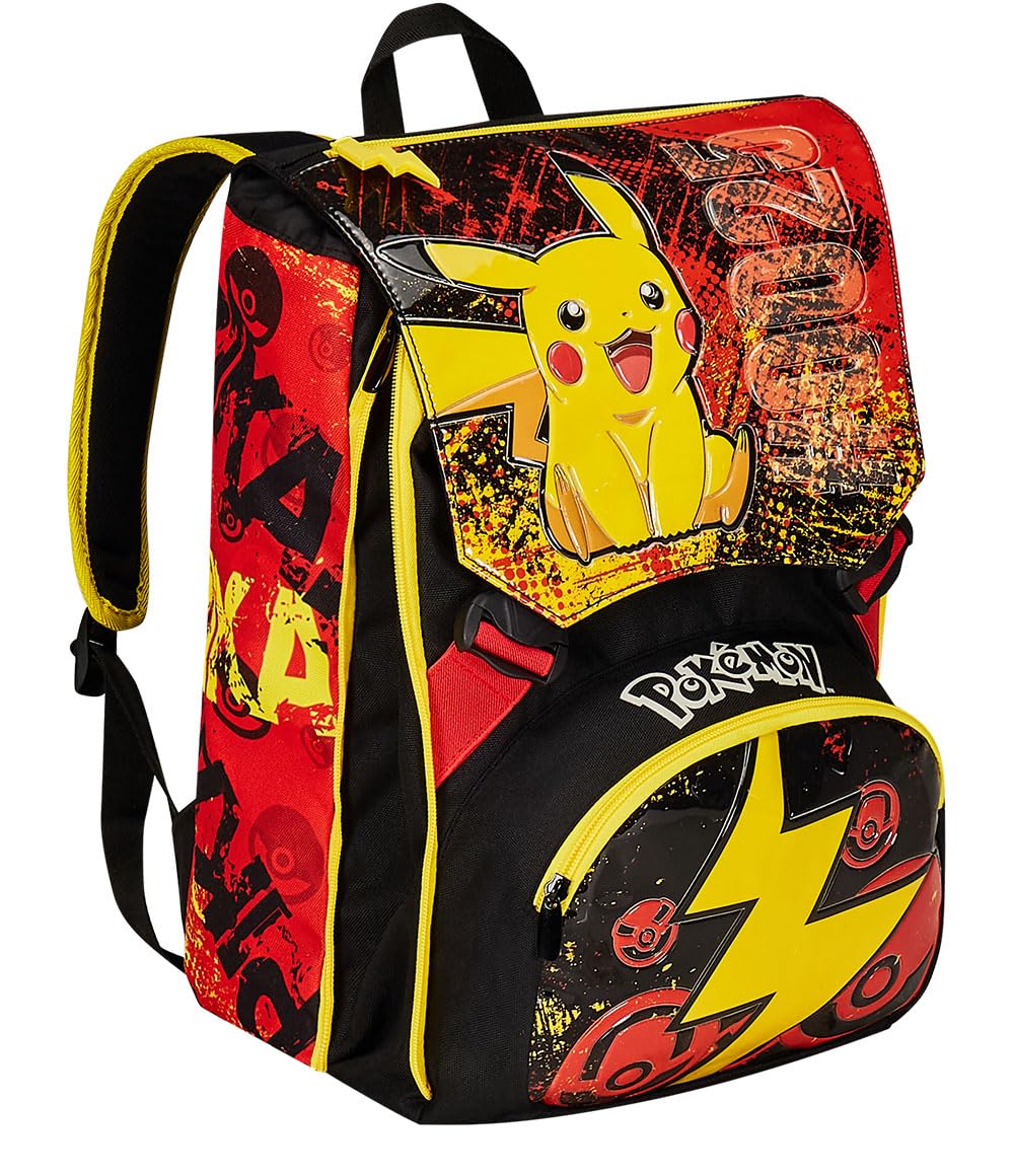 Seven Zaino Scuola Estensibile POKEMON - PIKACHU, Giallo Rosso - Zaino Doppio Scomparto Sdoppiabile Tramite Zip e Con Tasca Porta Borraccia, Zaino Bambino