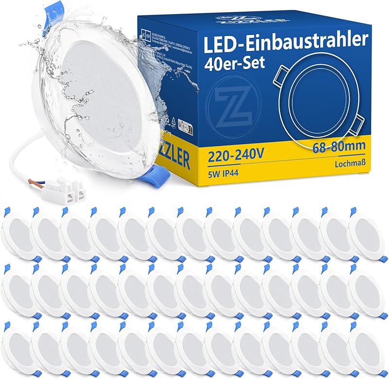 ZIZZLER Lot de 40, Spots LED Encastrable Salle de Bain Plafond Extra Plat, Trou 68mm, Blanc Froid 60