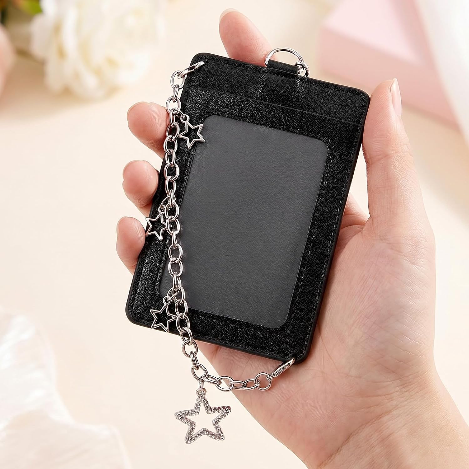 Photocard Holder Keychain with Metal Chain Photo Card Protector Star Pendant Black Leather Photo Card Holder Hard Protective Cards Case ID Badge Holders Bag Charm for Fans Concert Daily Use Lover