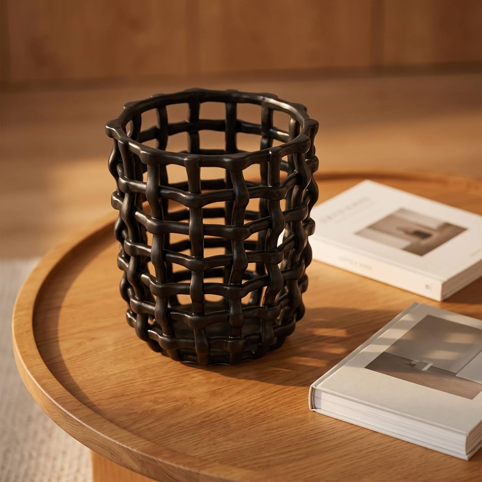 Gralara Pot avec Structure En Treillis Sculptural Panier à Magazines Pratique Porte-Revues pour Bureau, Salon, Étagère, Noir
