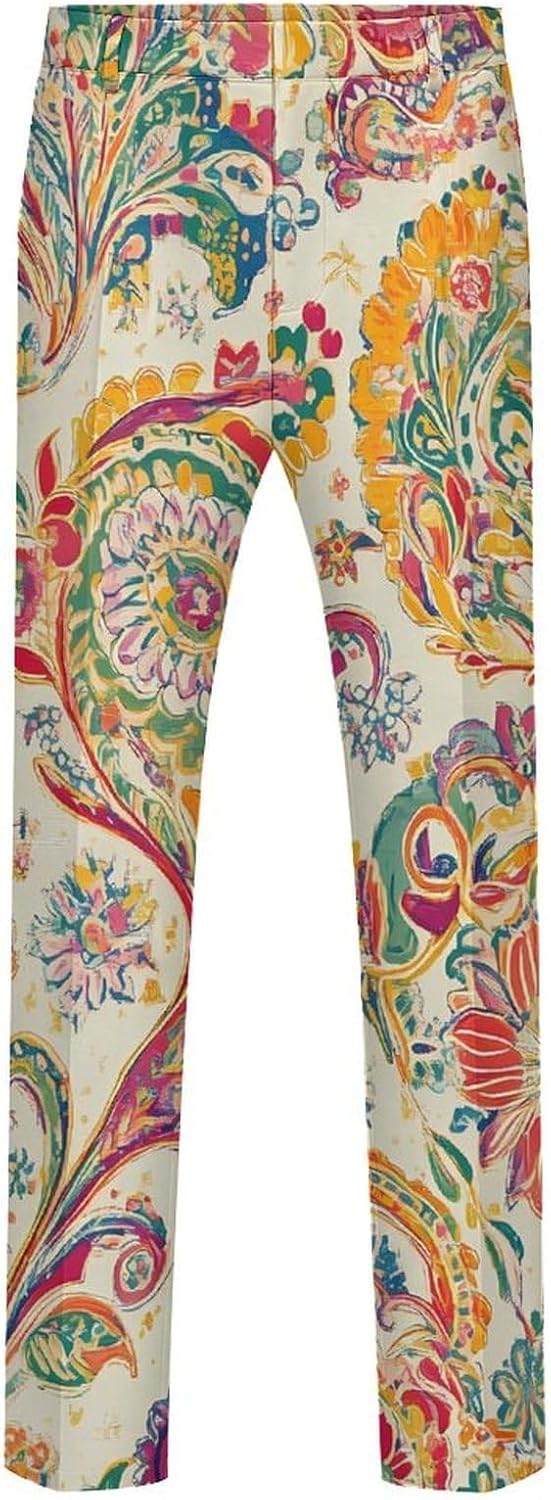 70s Disco Paisley Pattern Men's Classic Fit Suit Pants Straight Leg Design Printed Trousers