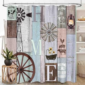 Farmhouse Rustic Shower Curtain, Retro Old Blue Wood Farm Windmill Rural Country Style Board Flank Waterproof Fabric Bathroom Shower Curtain Set with Hooks, 72"x78" Inch