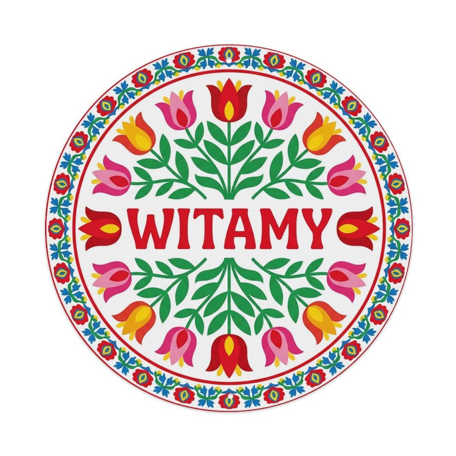 Vintage Polish Folk Art Witamy Welcome Tulip Garden Metal Tin Sign