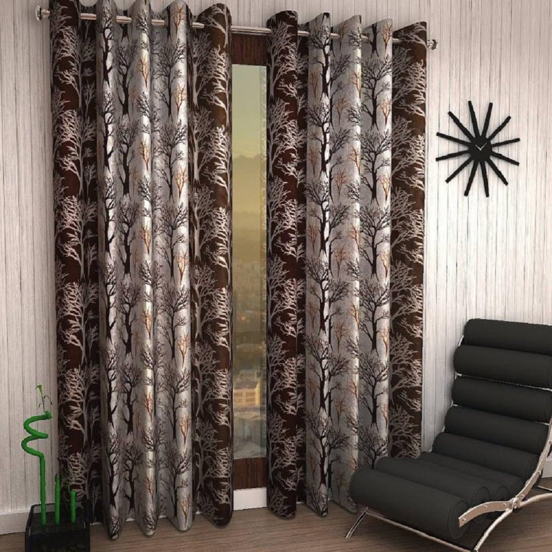 Wacky Stylish Polyester Curtains for Window 6 Feet Pack of 2 (Room Darkening, Eyelet, String, Washable, Brown) _Crtn-Tree-r-P2