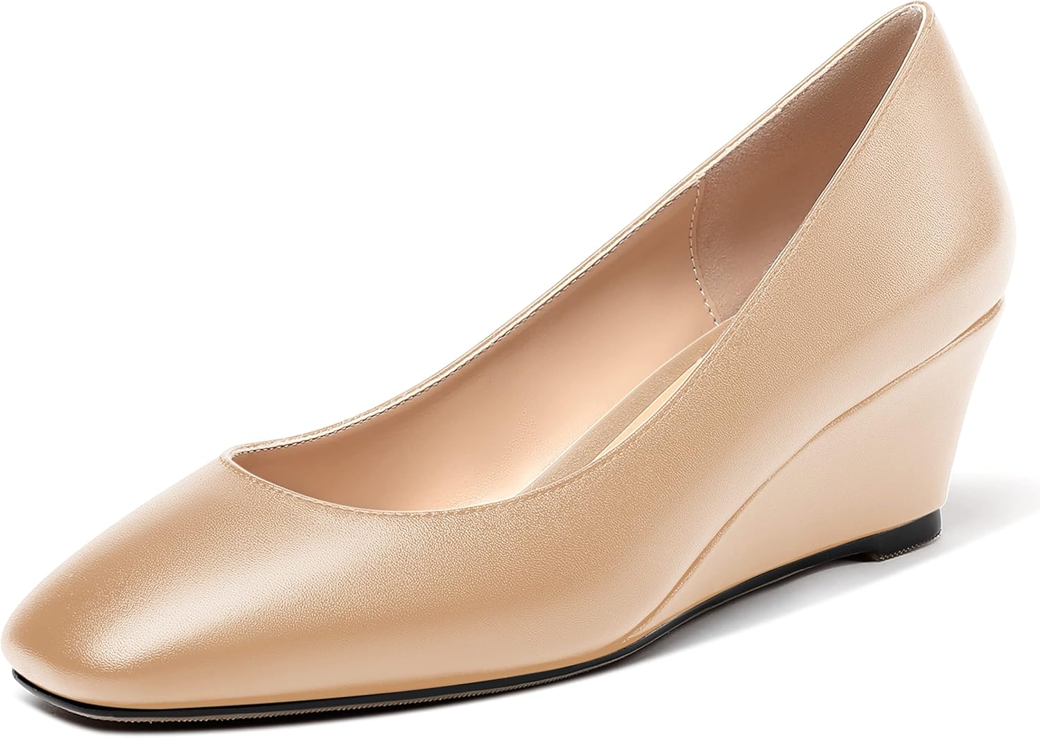 WAYDERNS Women's Matte Square Toe Slip On Solid Wedge Low Heel Pumps