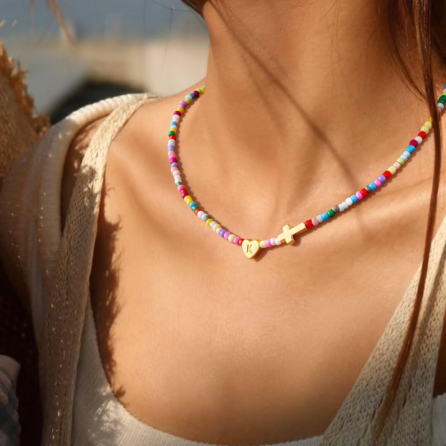 Turandoss Initial Colorful Cross Necklace for Teen Girls Kids | Colorful Beaded Cross Necklace, Letter A-Z Handmade Beaded Choker Necklaces for Her Friend Female Jewelry Birthday Gifts
