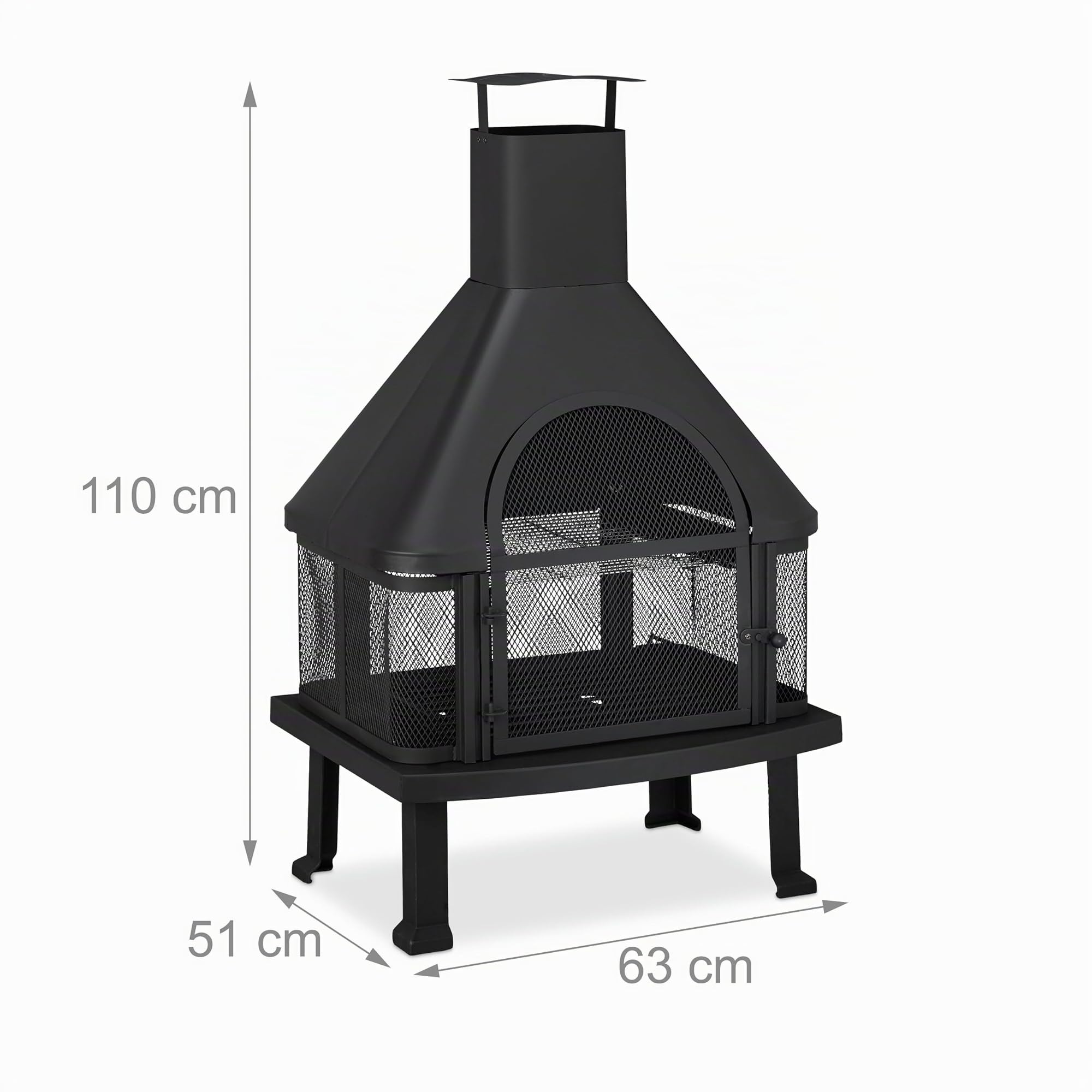 Relaxdays, noir cheminée de terrasse avec grill, Protection contre étincelle, tisonnier, massif, acier, 110 x 63 x 51 cm