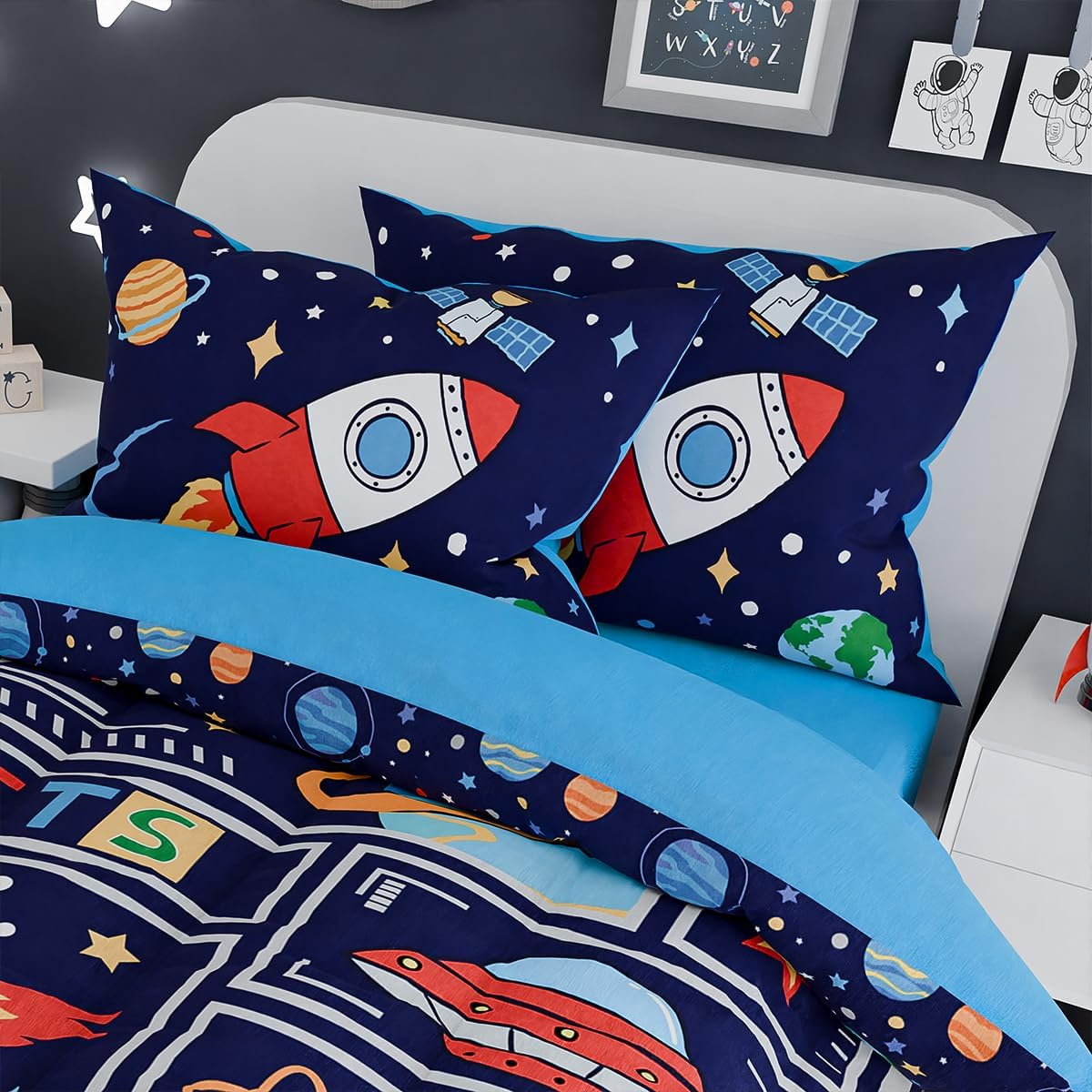 SANDJEST Space Bedding Twin for Boys, Ultra Soft Microfiber Comforter Bed Set with 3-Pieces, Rocket Comforters Sets for Kids Children Teen Tween Bedroom Decor