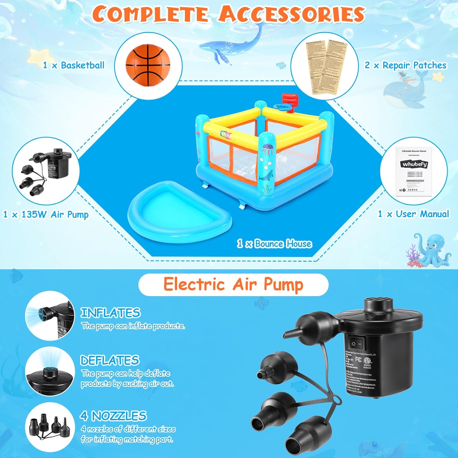 AKEYDIY Bounce House, PVC Inflatable Bounce House with Detachable Ball Pit for Kids 3-6, Indoor Toddler Bouncy House, Jumping Castle with Basketball Hoop, Game Map, Air Pump Included