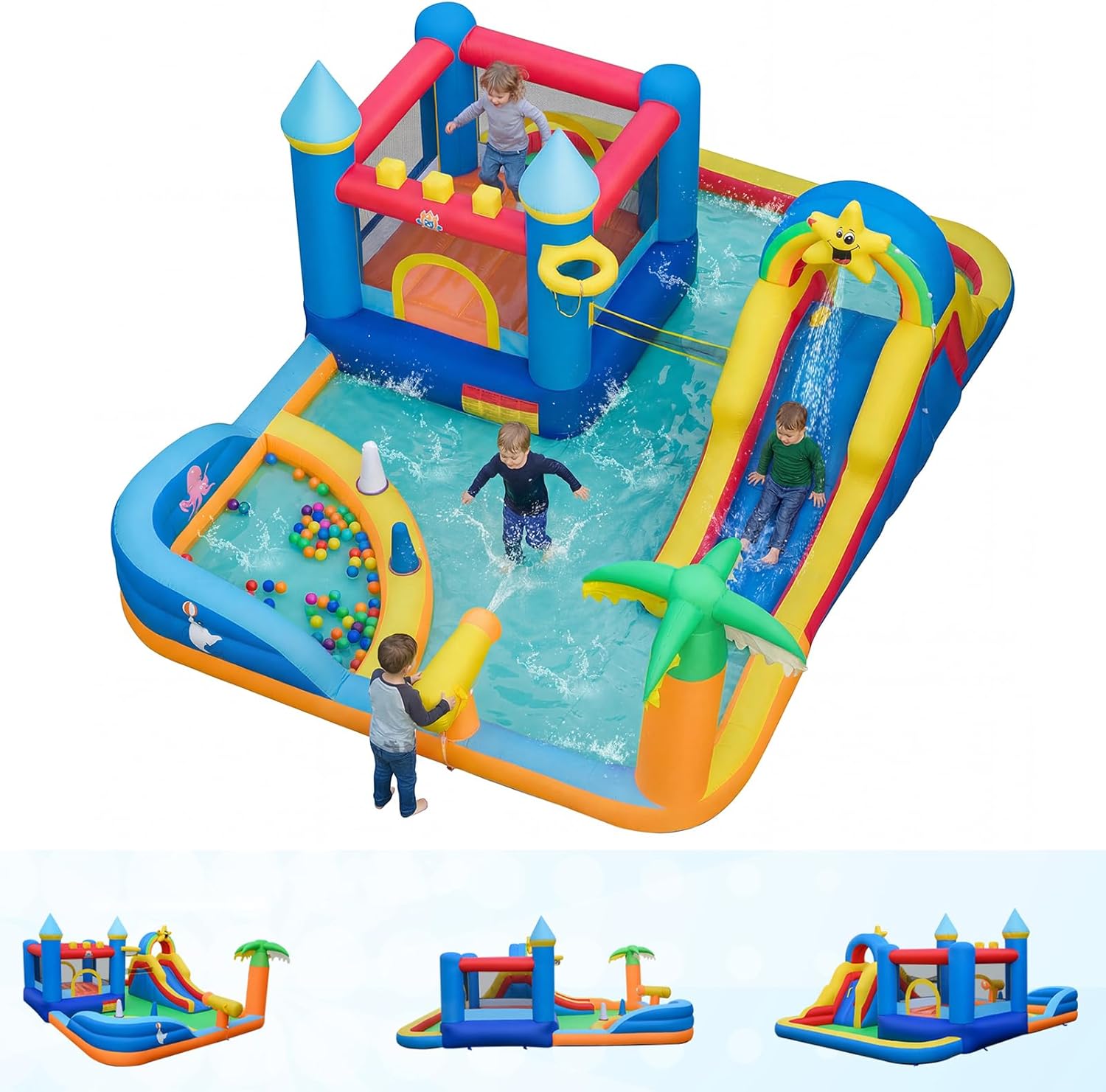 GOPLUS Outdoor Inflatable Beach Castle, Water Slide with Ball Pool, Water Gun, Throwing Game, for Children 3 Years+, No Blower, Load 90 kg (Beach)