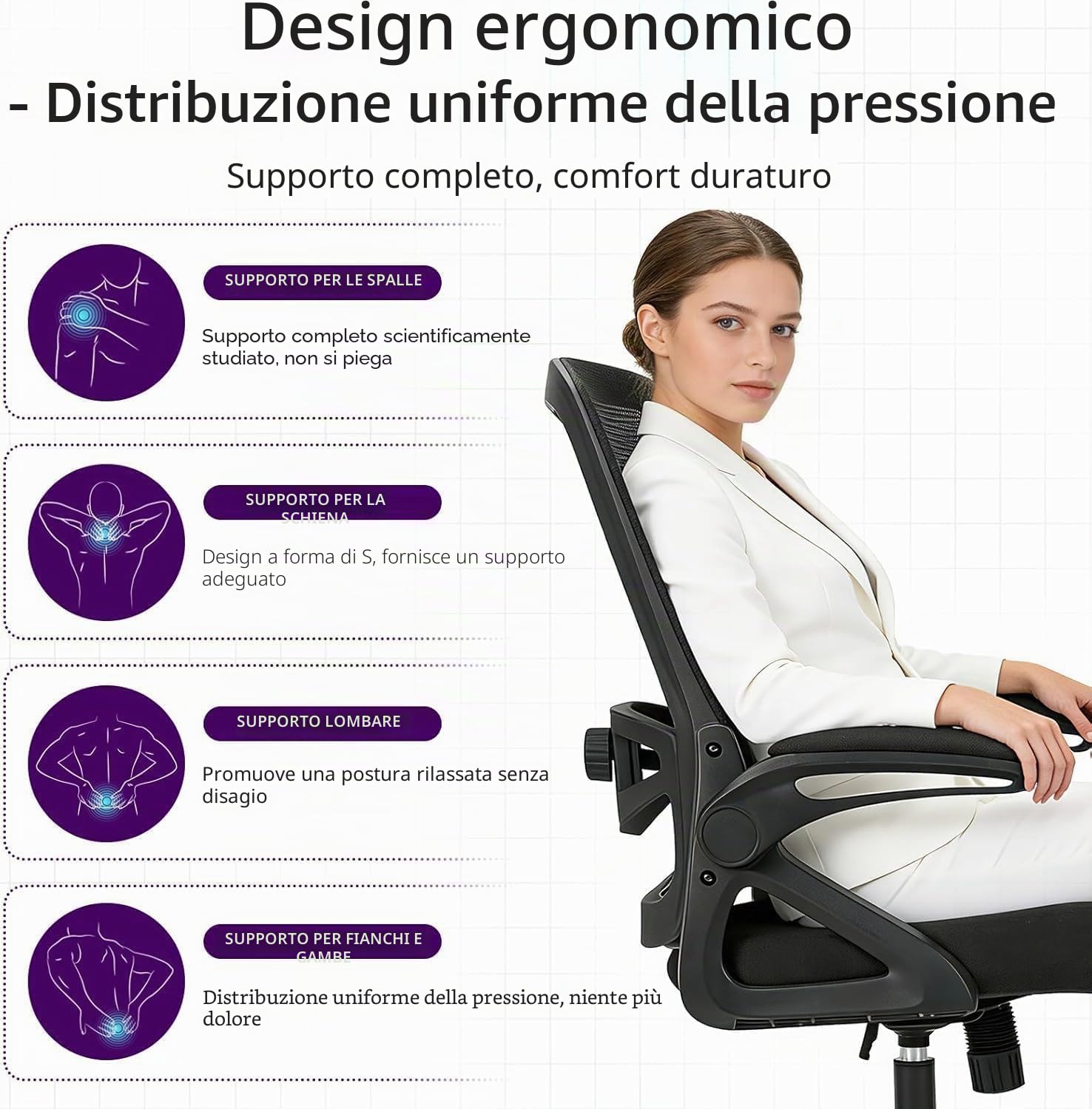 Sedia da Ufficio Ergonomica, Sedia Smart Working con Supporto Lombare Regolabile 4D, Sedia Ufficio in Rete Traspirante con Braccioli Regolabili, Schienale Reclinabile 125°, Ruote Silenziose (Nero)