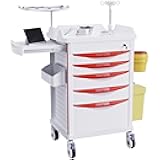 Medical Storage Crash Cart with Wheels - IV Pole, Silent Casters, Drawers with Dividers, Needle Disposal Holder, Trash Bin, O2 Holder, Emergency Mobile Cart for Clinic, Hospital, Nursing Center