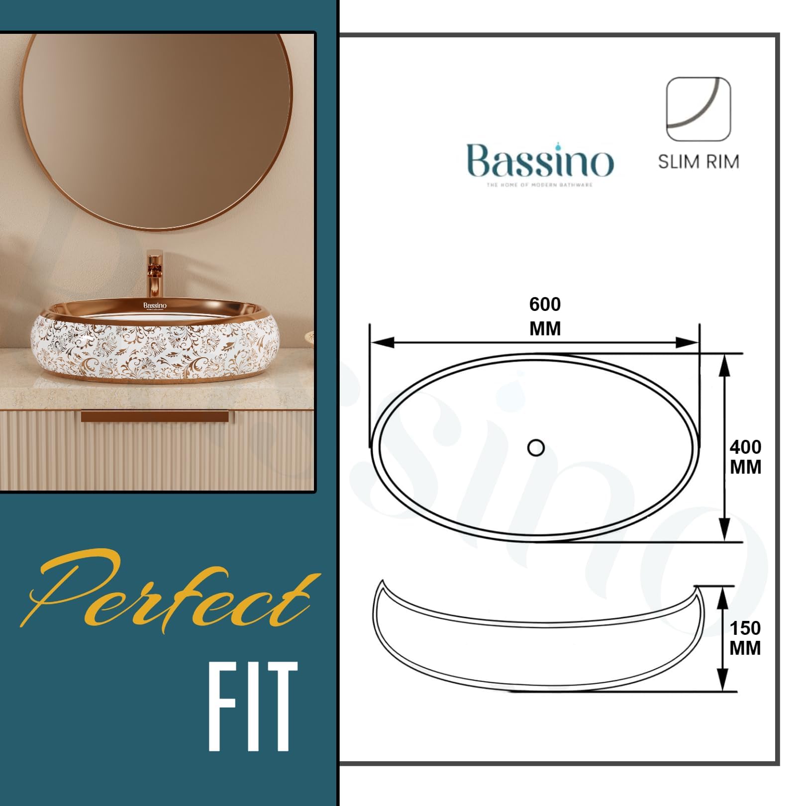 BASSINO Table Top Wash Basin - White & Rose Gold -3