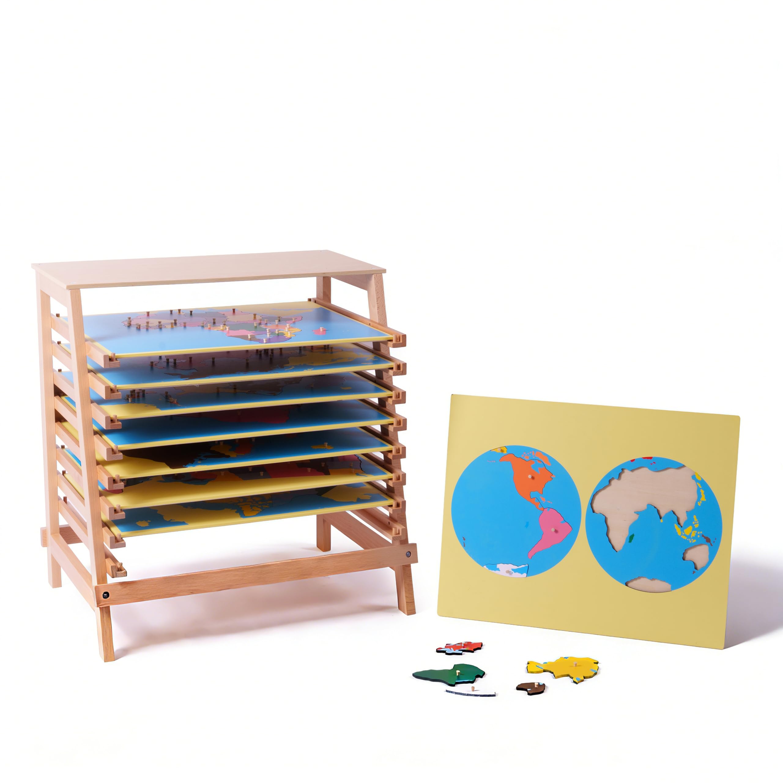 Montessori materiały geograficzne – mapy świata, kontynenty, drewniana zabawka edukacyjna do przedszkola, szkoły podstawowej, do klasy domowej, od 3 lat (Montessori puzzle, stojak na karty)