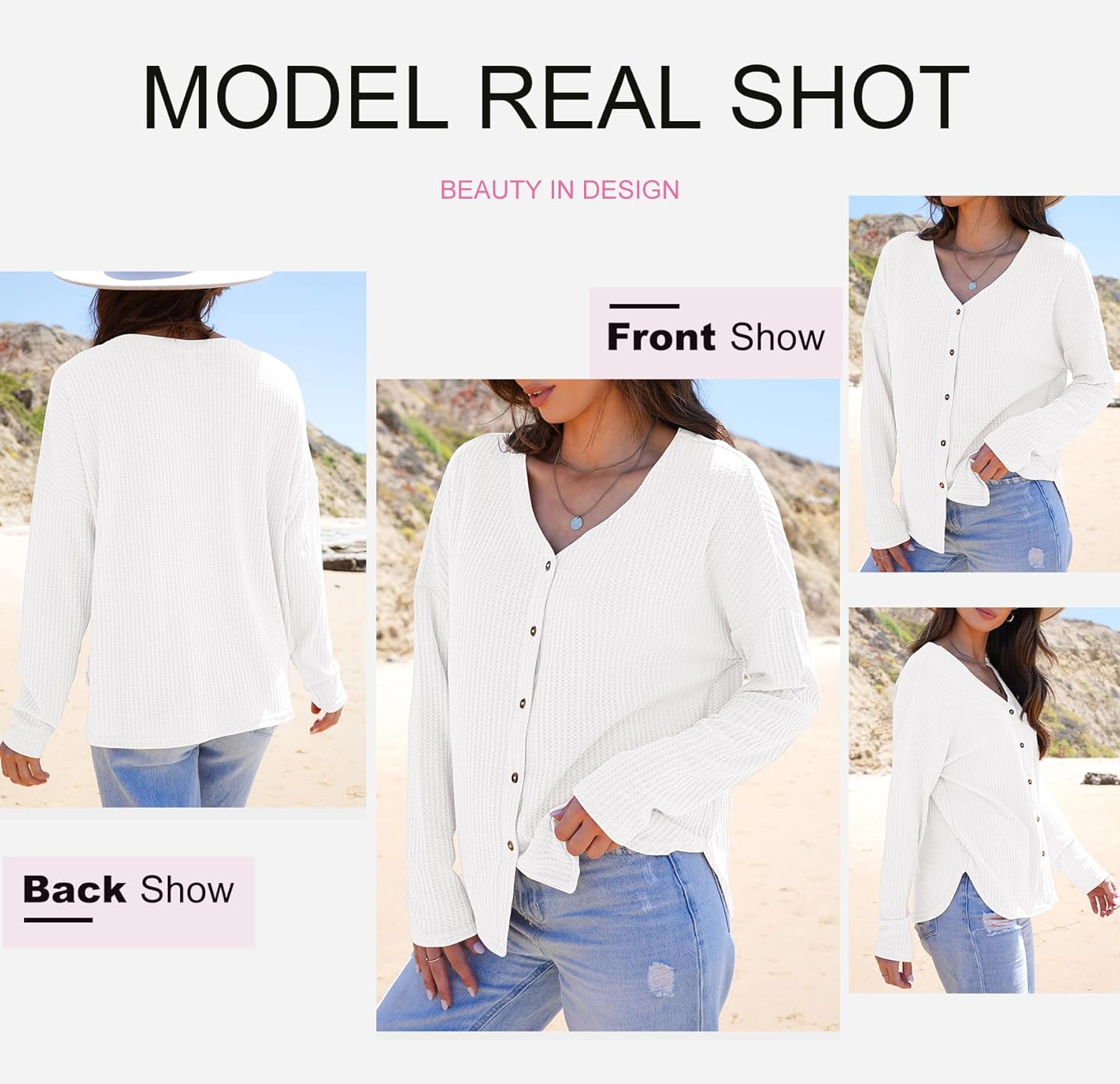 Dokotoo Women's Casual V Neck Waffle Knit Button Down Long Sleeve Shirts Loose Tops - Image 5