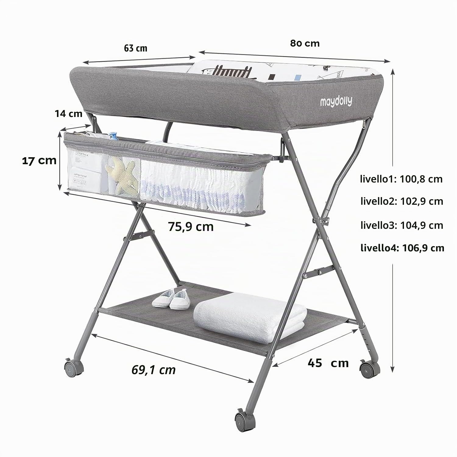 Maydolly Fasciatoio per Bambini，avolo Cambio Pannolini Multifunzionale Portatile,mobile con ruote，Altezza regolabile，Il materiale impermeabile è facile da pulire，grigio chiaro