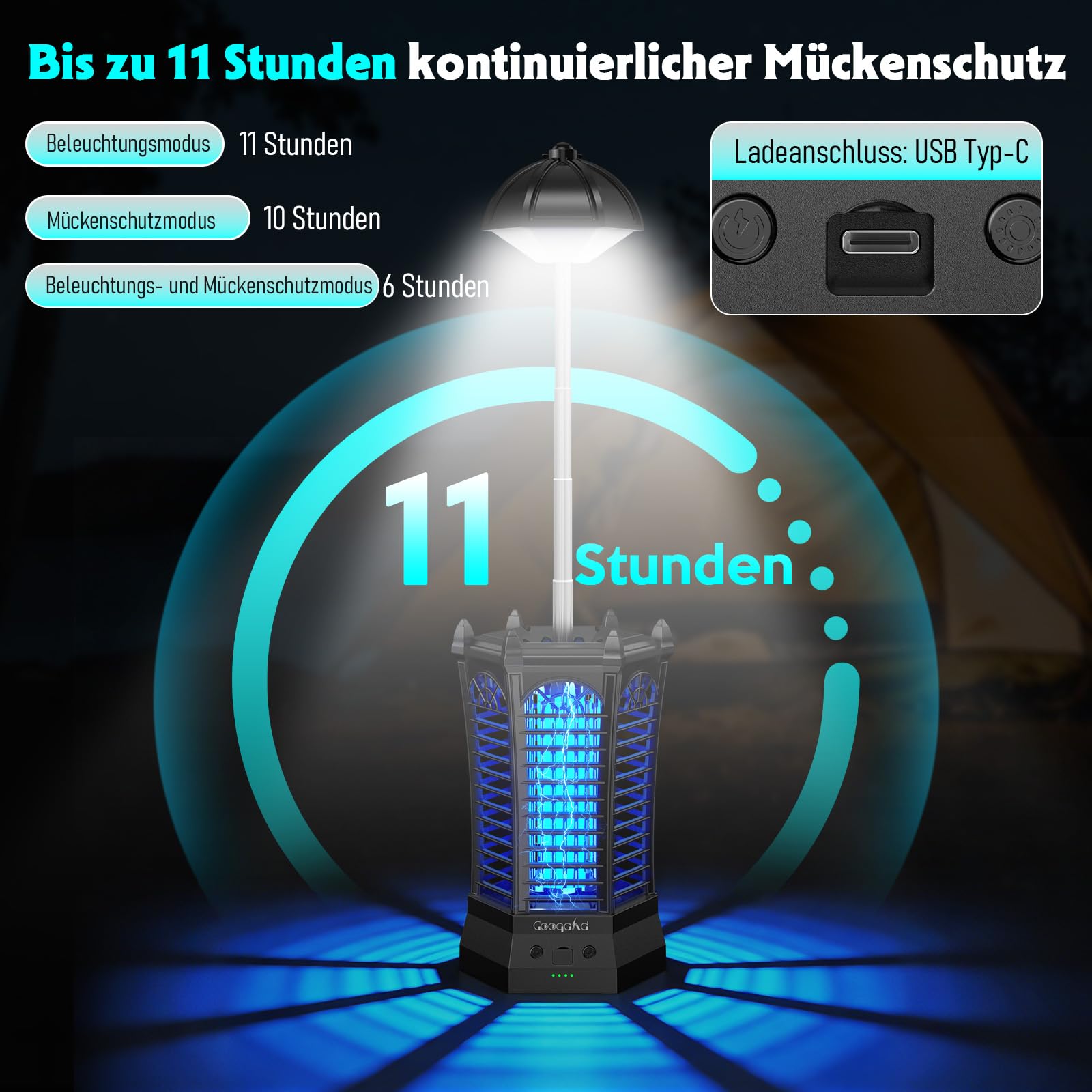 Insektenvernichter Elektrisch mit LED-Beleuchtung, Mückenfalle mottenfalle für Innen Außen 4000mAh Akku, IPX4 wasserdicht, Sicher, ungiftig & Geruchsneutral,Schlafzimmer,Küche,Wohnzimmer