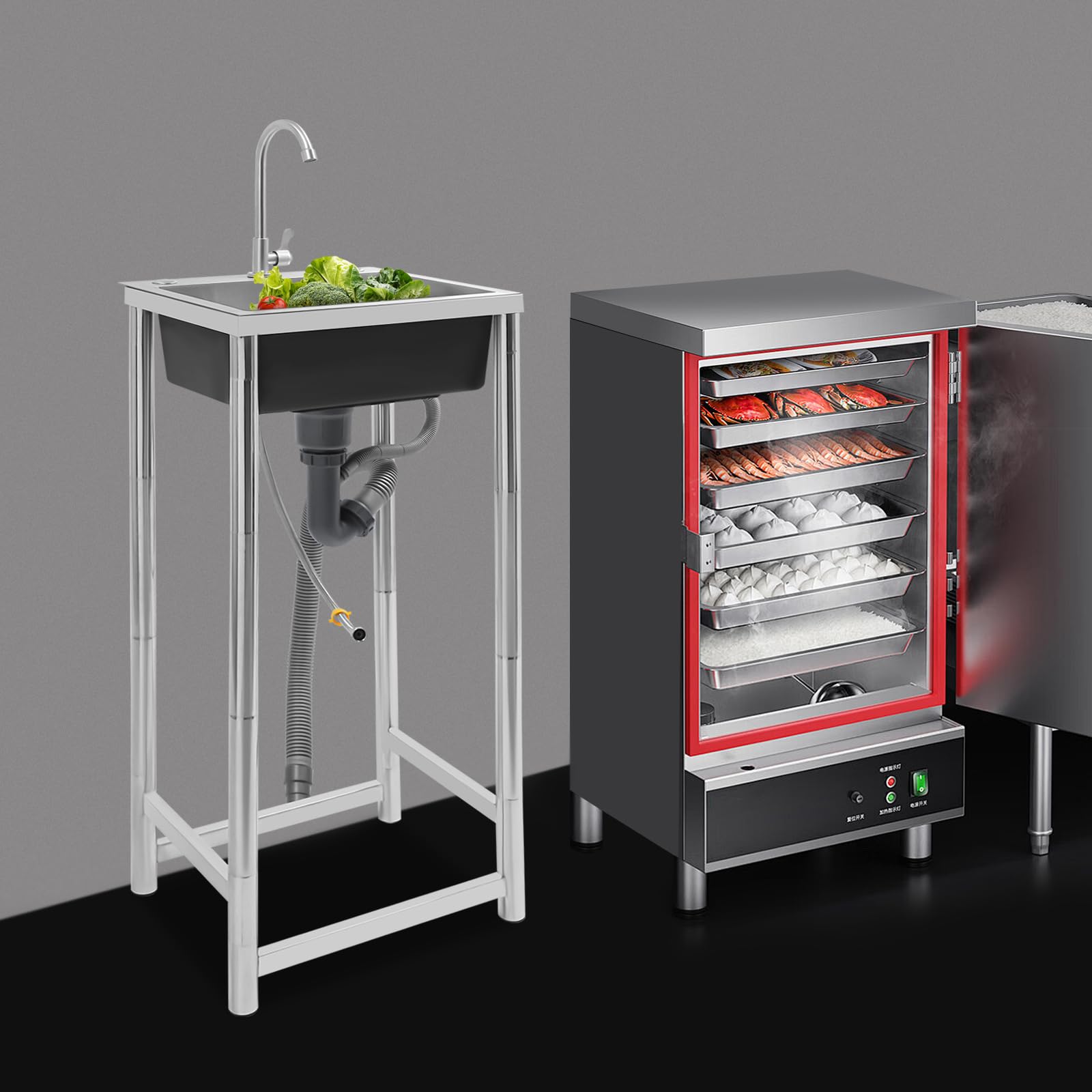 Free Standing Utility Sink,Stainless Steel Sink with 360 ° Rotatable Faucet, Single Bowl Commercial Sink for Cleaning Tableware, Vegetables, Fruits(17.7 x 16 x 29.5in)