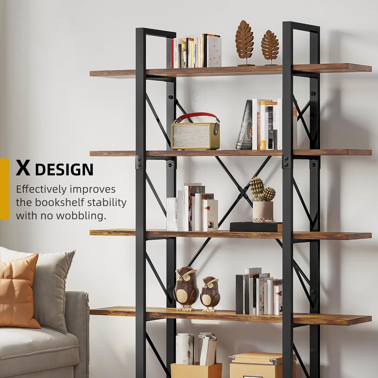 DWVO 5 Tier Bookshelf, 70.9" H Tall Bookcase Industrial Book Shelf Vintage Storage Organizer, Free Standing Storage Shelving Unit for Living Room, Bedroom, Home Office, Rustic Brown