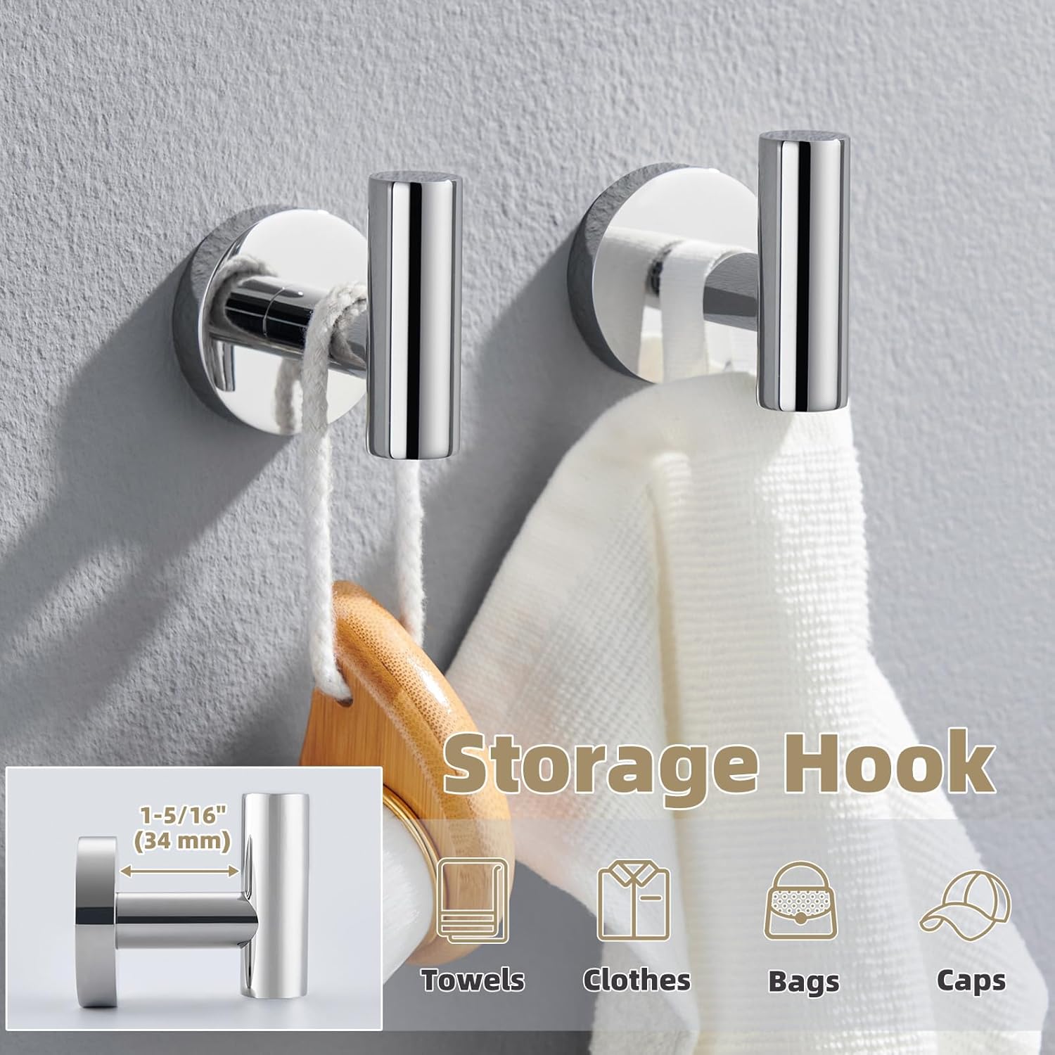 APLusee Chrome Towel Ring, Polished Chrome Towel Hook 2 Pack Bundle, Wall Mounted