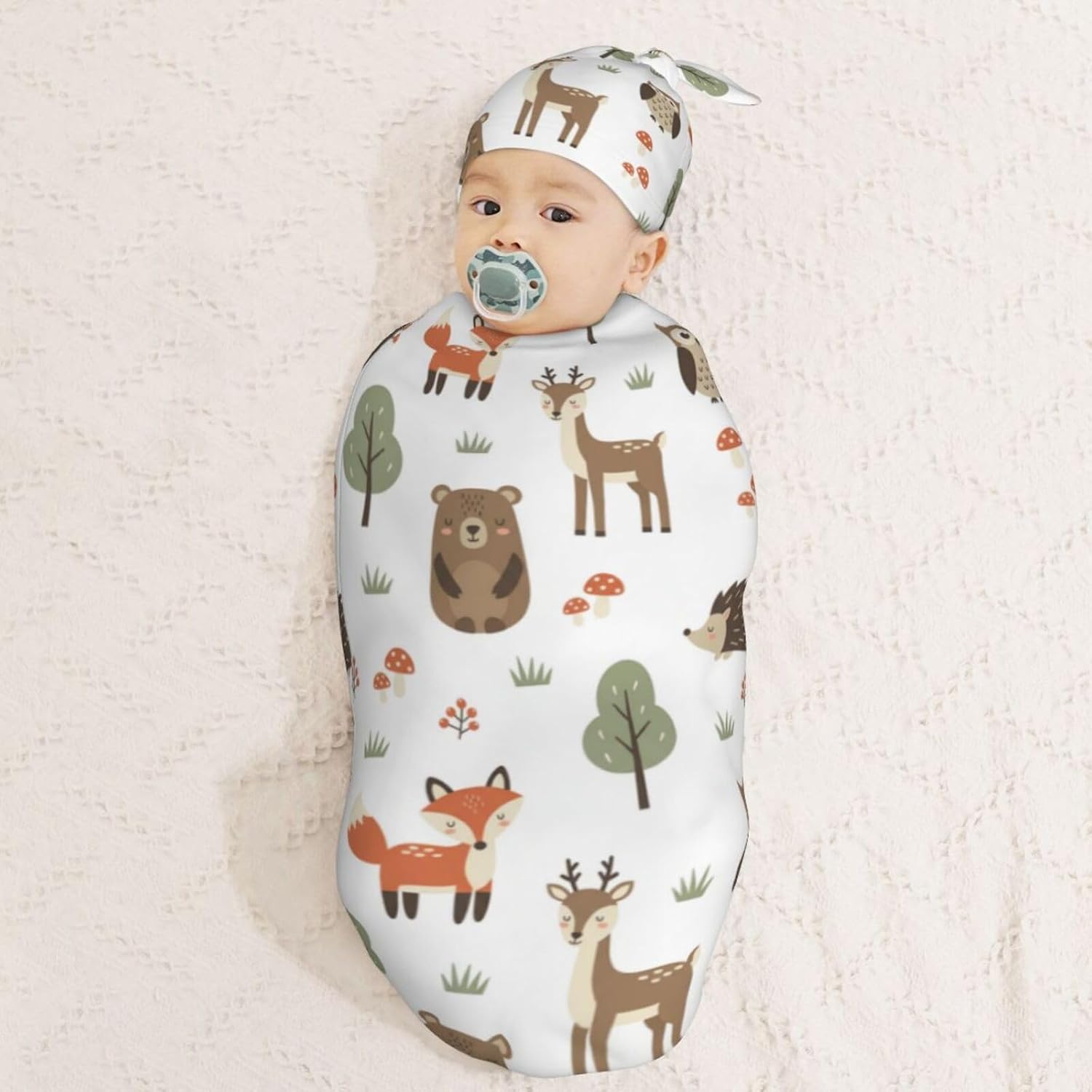 Cute Animals Fox Bear Deer Newborn Swaddle Blankets Hat Sets Soft Baby Receiving Blanket Swaddle Sack for Baby Shower Infant Boy Girl Gift