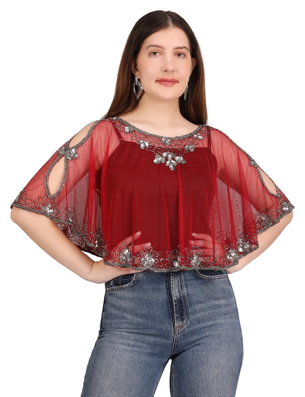 Women’s Sheer Embellished Poncho Top | Cape Style Overlay with Sequin Beaded Neckline | Elegant for Evening & Festive Occasions.-picture-25