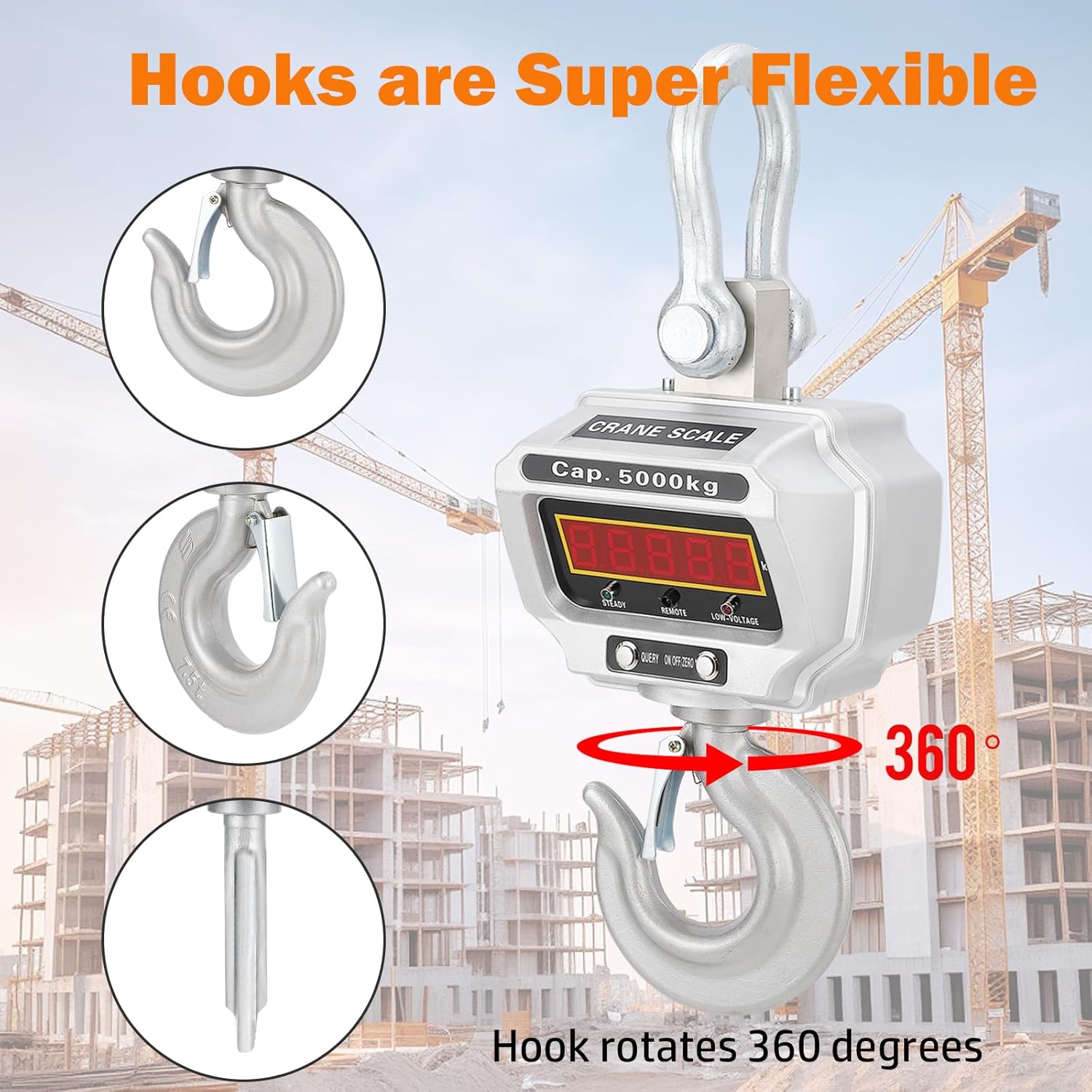 11000lbs/5000kg Digital Hanging Crane Scale - Heavy Duty Industrial Electronic With Hook, High Precision for Construction, Factory, Farms - Cast Aluminum Case, Rechargeable