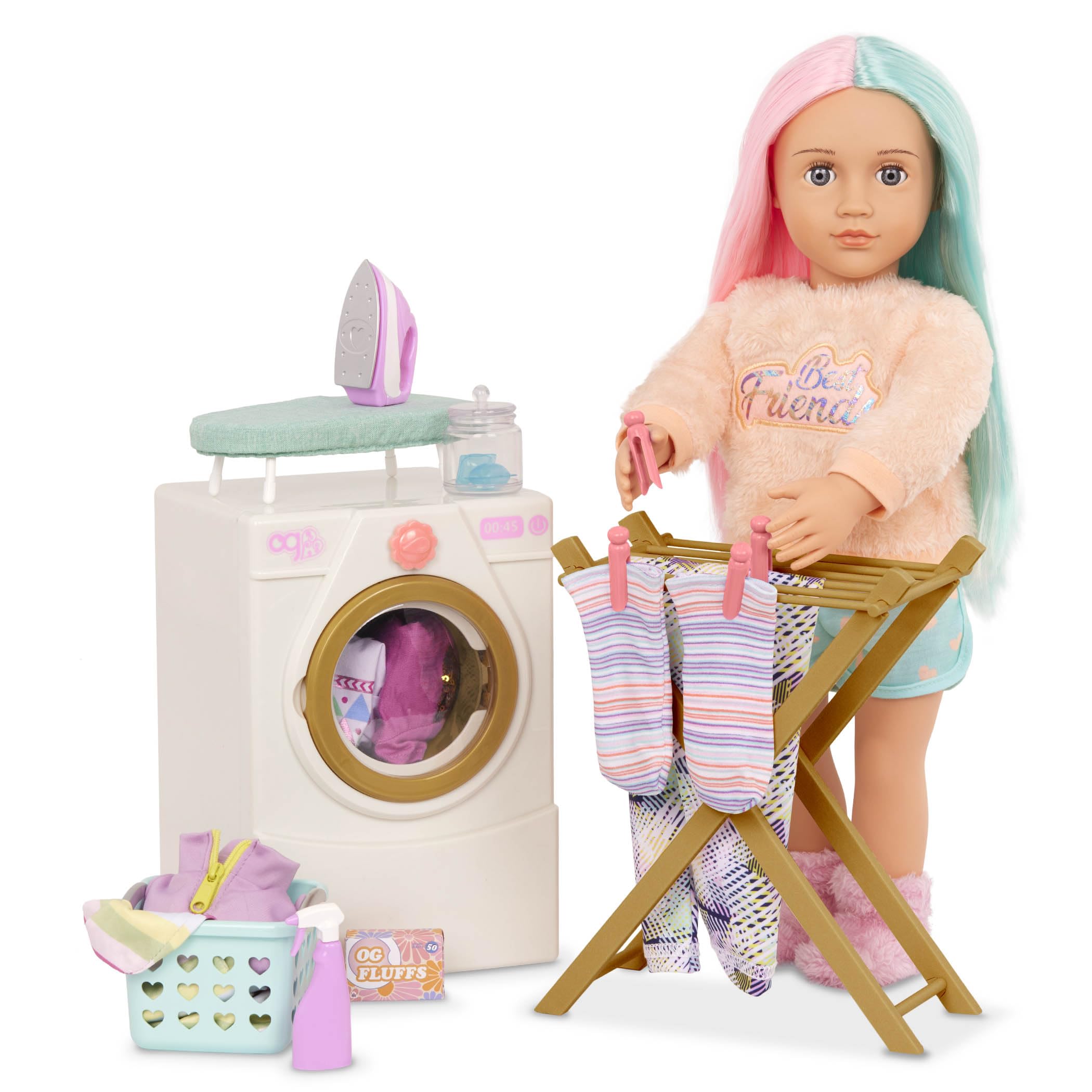 Our Generation - Día de la colada - Lavadora de muñecas - Soporte de secado, plancha y set de limpieza - Accesorios para casas de muñecas de 46 cm - Juguete para niños a partir de 3 años