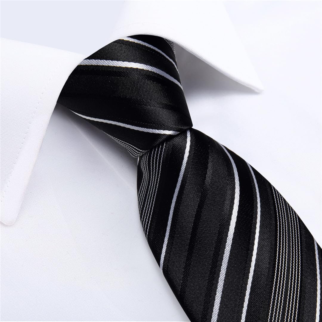Wvapzxx Herren-Krawatten-Set, Seide, Polyester, Business-Party-Zubehör, Krawatte, Einstecktuch, Manschettenknöpfe, Schwarz / Weiß