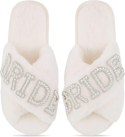The Getting Ready Slides — Bridal Faux Fur Slide Slippers with Pearls