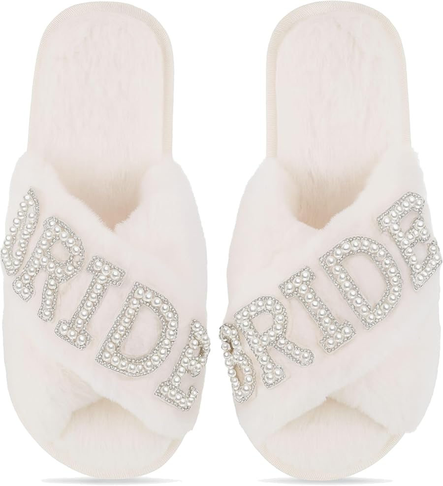 The Getting Ready Slides — Bridal Faux Fur Slide Slippers with Pearls