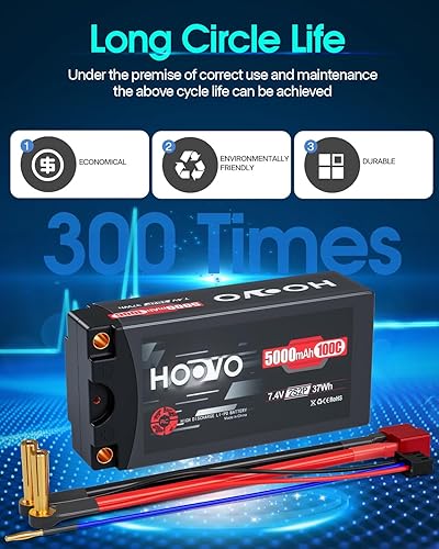 Miniatura 6 de HOOVO 2S Shorty Lipo Battery 7.4V 100C 5000mAh RC Lipo Battery Pack Estuche rígido con conector Bullet T de 0.197 in para vehículos RC escala 1/10,