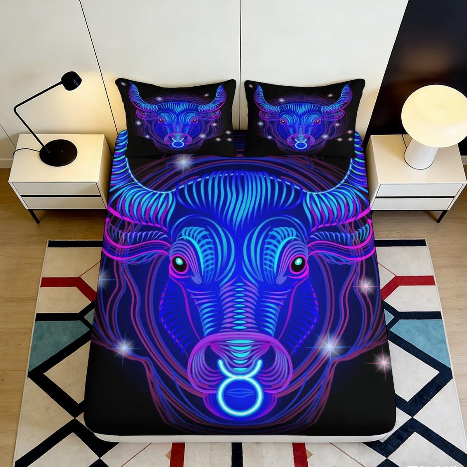 3D Printed Neon Bull Fitted Sheet Microfiber Anti-Slip Mattress Cover for Bedroom Dorm Art Bedding Decor 120x200cm 90x200x25cm