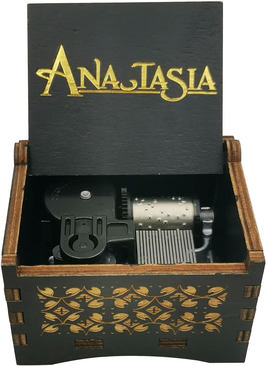 Anastasiaes Once Upon with a December Windup Music Box Gold Stamping Black Musical Box Gift for Boyfriends Christmas (62-EJ1 Windup)